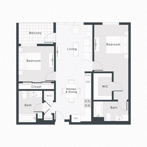 Floor plan for 2 beds, 2 baths, 1054 sqft